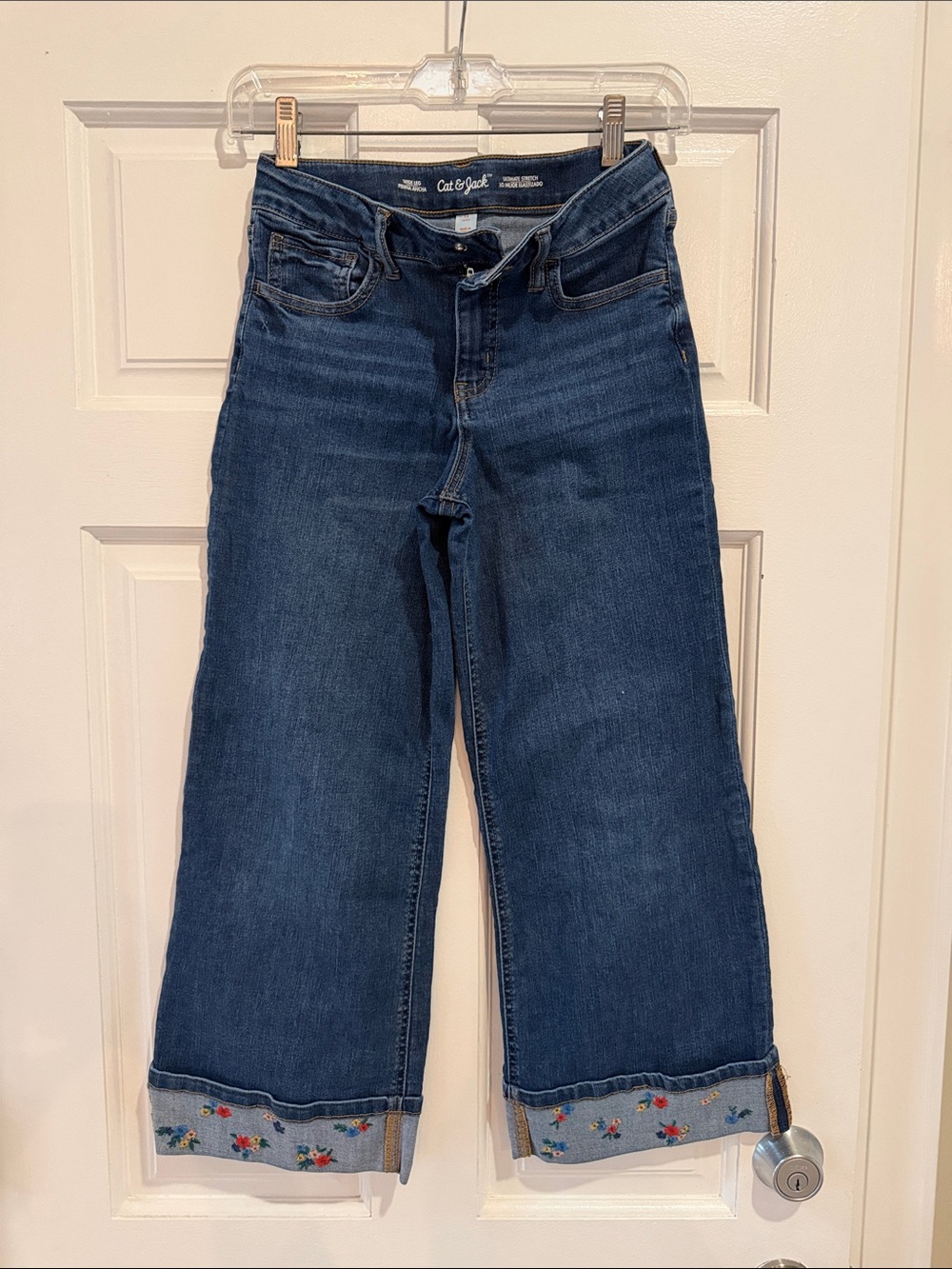 Cat & Jack Girls Wide Leg Jeans with Floral Embroidered Cuffs - Size 12